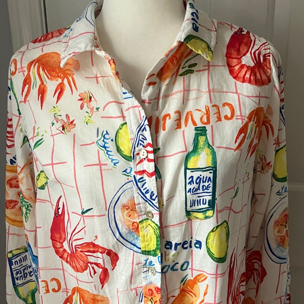 Colorful crawfish crab shrimp boil seafood themed shirt blouse Large - Picture 2 of 12
